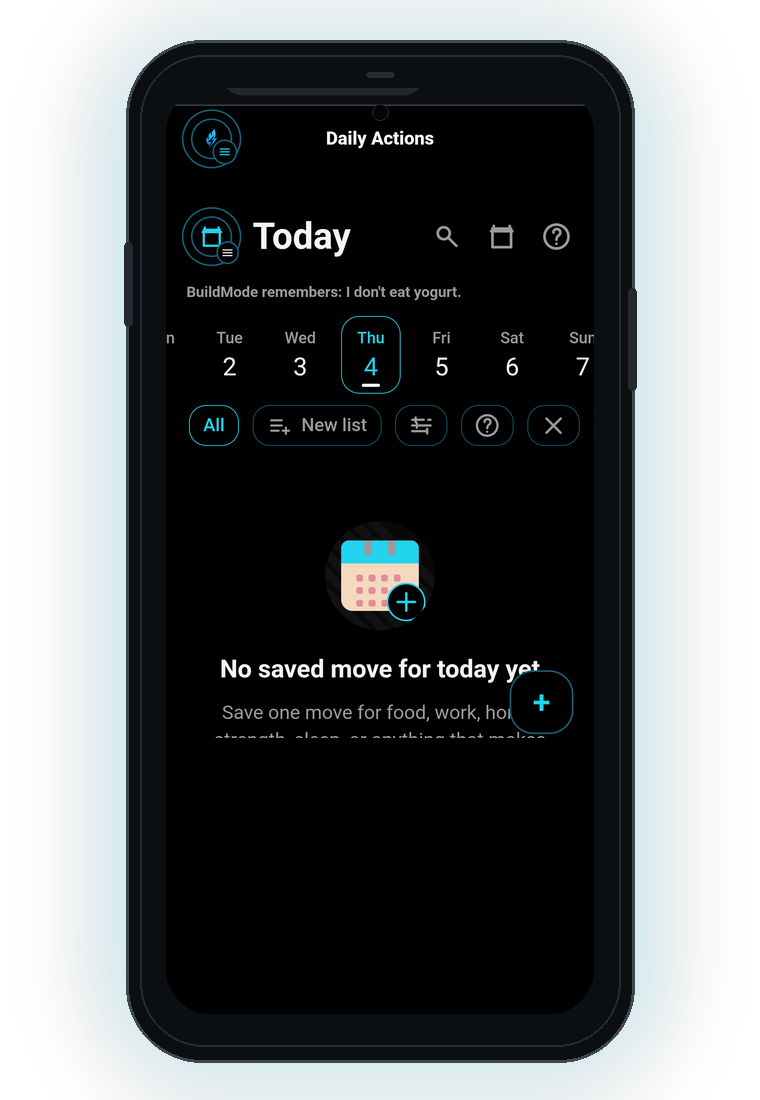 BuildMode Daily Actions screen