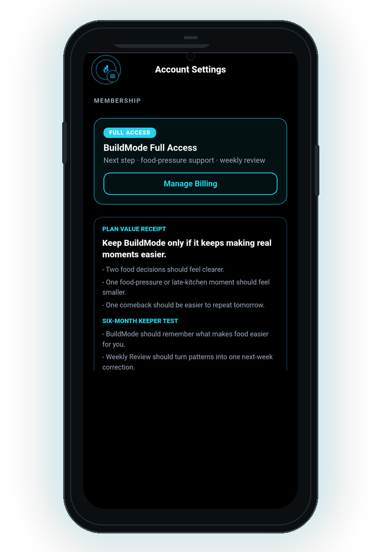 BuildMode Weekly Review screen
